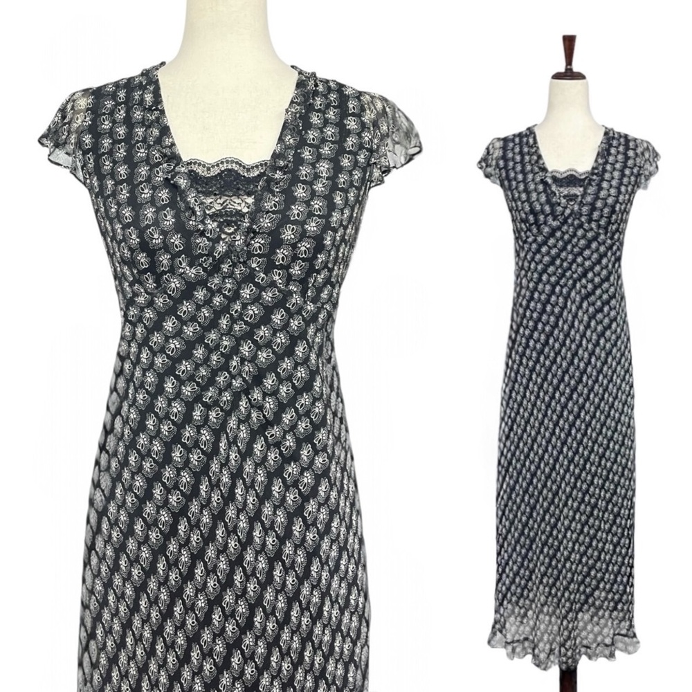 Vintage 90s Silk Maxi Dress Beaded Floral Bias Cut Whimsigoth Fairy Grunge 10